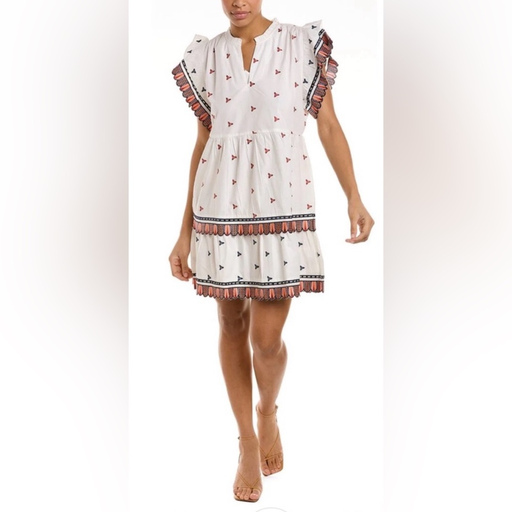 Marie Oliver Gia Dress White w/ Red & Blue Designs and Embroidered Ruffles Sz XL